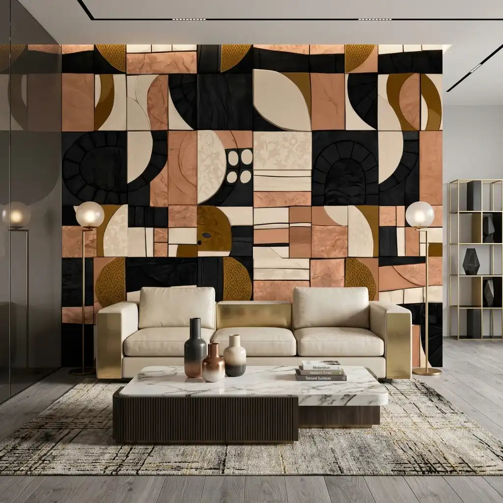 Geometric Patchwork Mosaic Wallpaper – Black Copper