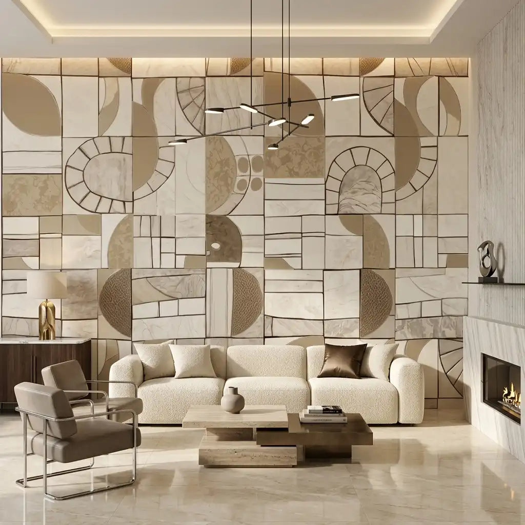 Geometric Patchwork Mosaic Wallpaper – Linen Beige