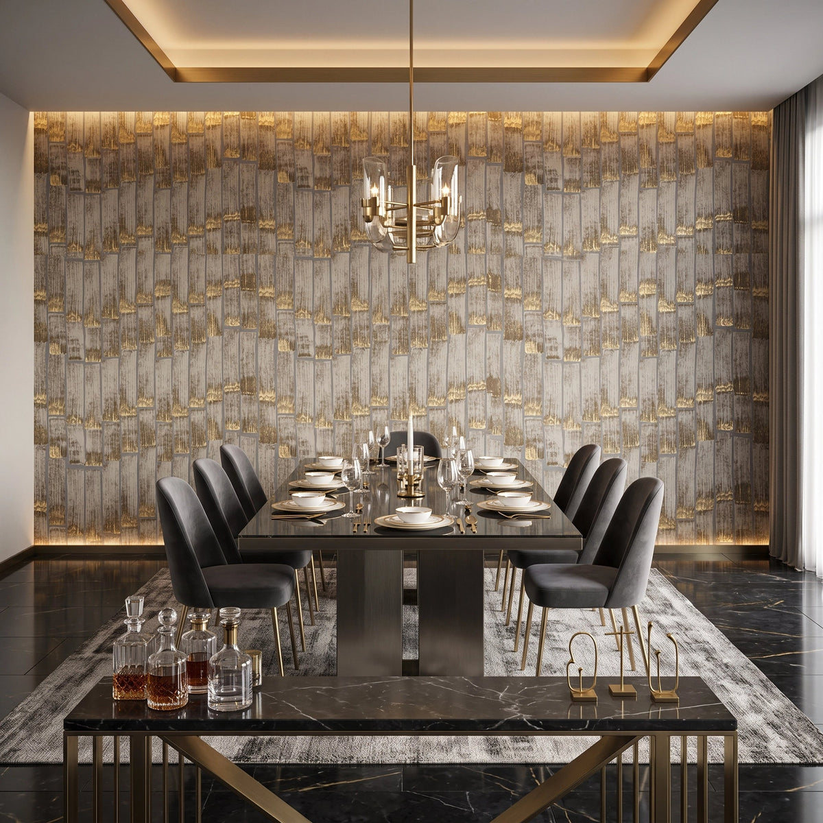 Gold Leaf Timber Wallpaper Mural – Dining Room