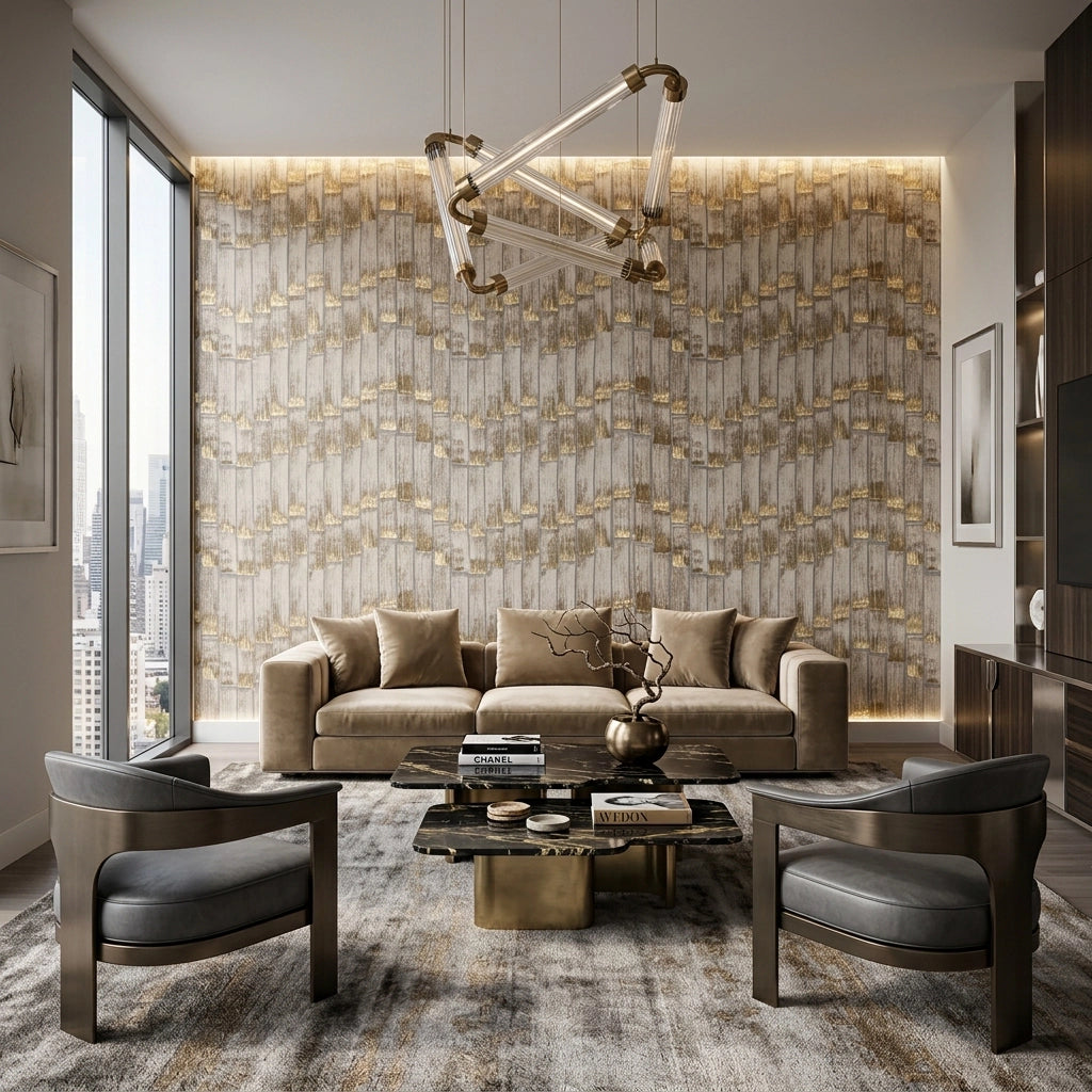 Gold Leaf Timber Wallpaper Mural – Living Room