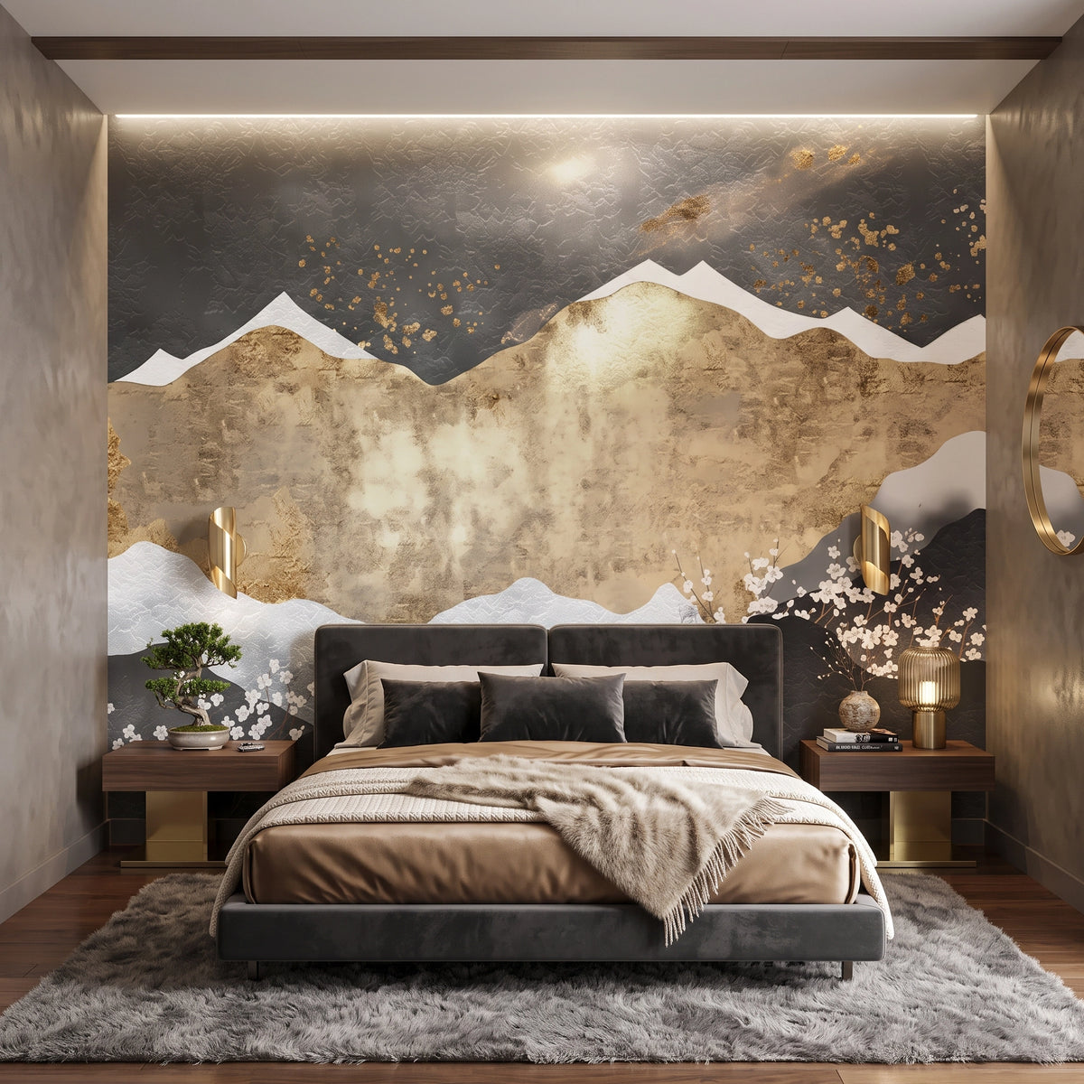Gold Mountain Panel Wallpaper Mural – Bedroom