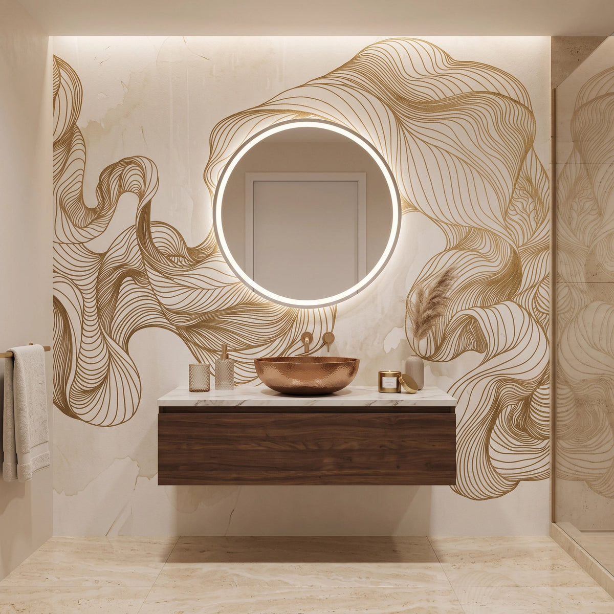 Golden Silk Waves Wallpaper Mural – Bathroom