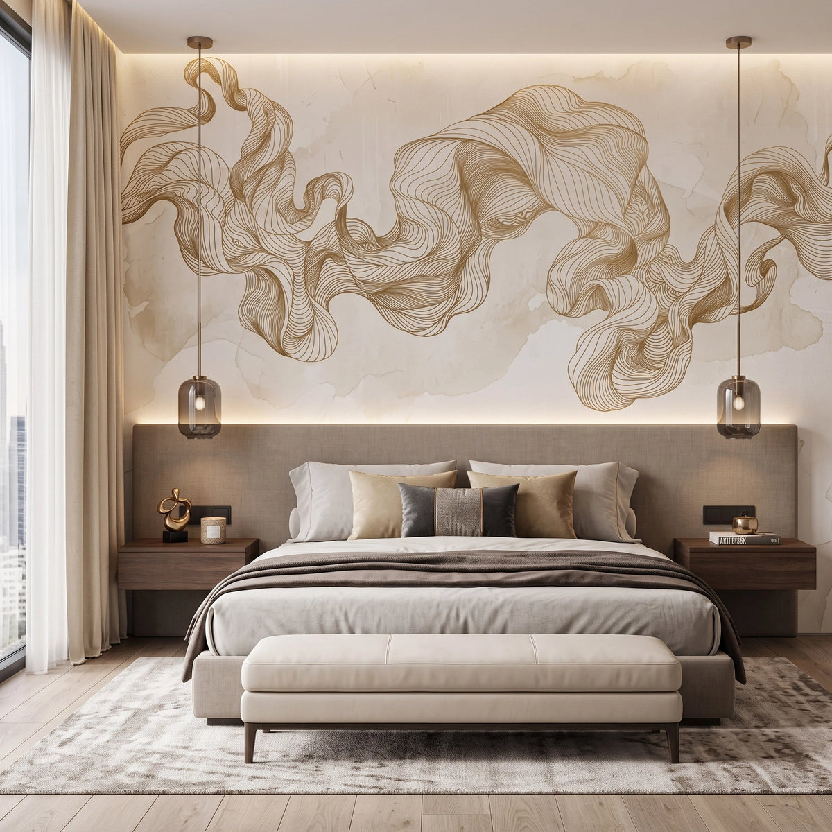 Golden Silk Waves Wallpaper Mural – Bedroom