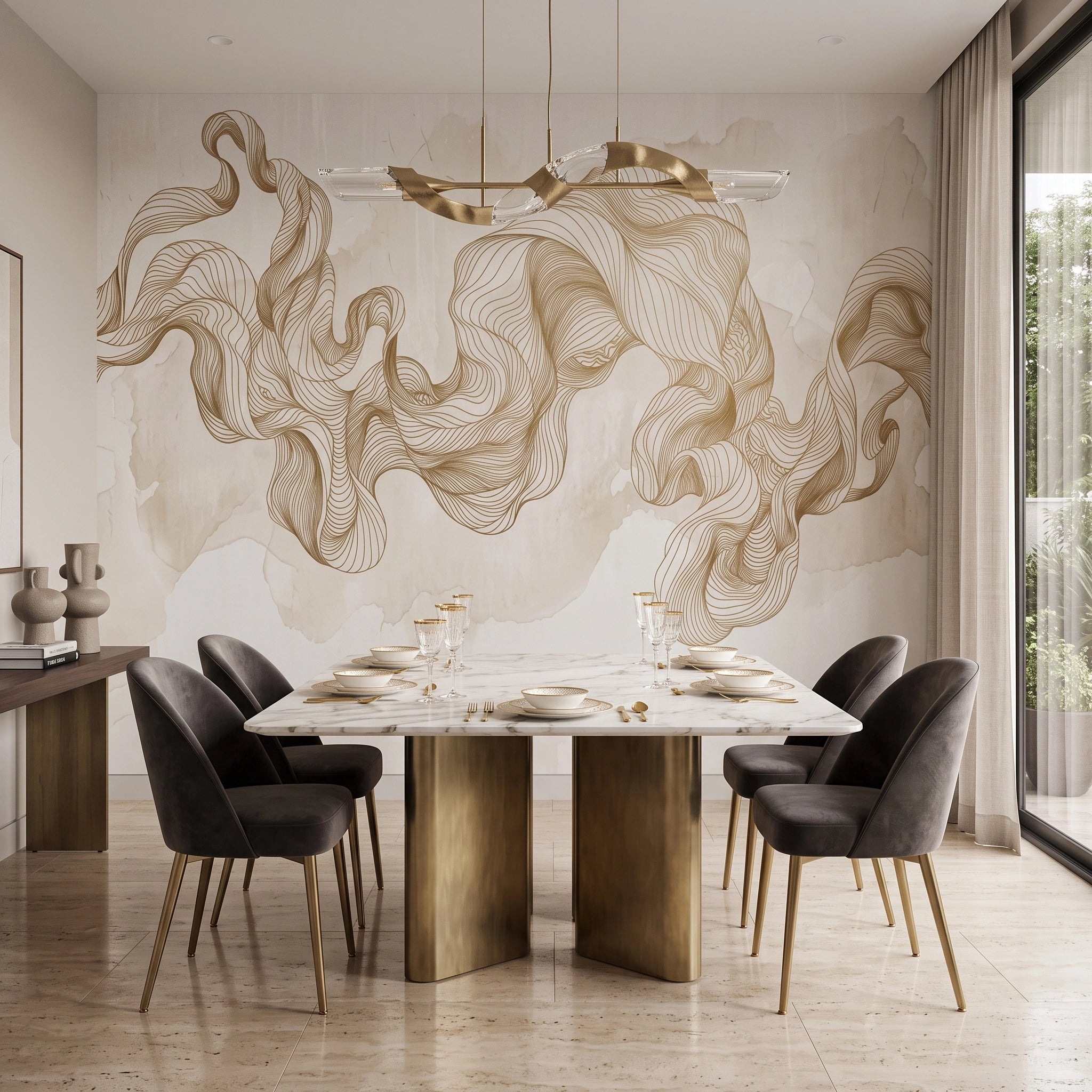 Golden Silk Waves Wallpaper Mural – Dining Room