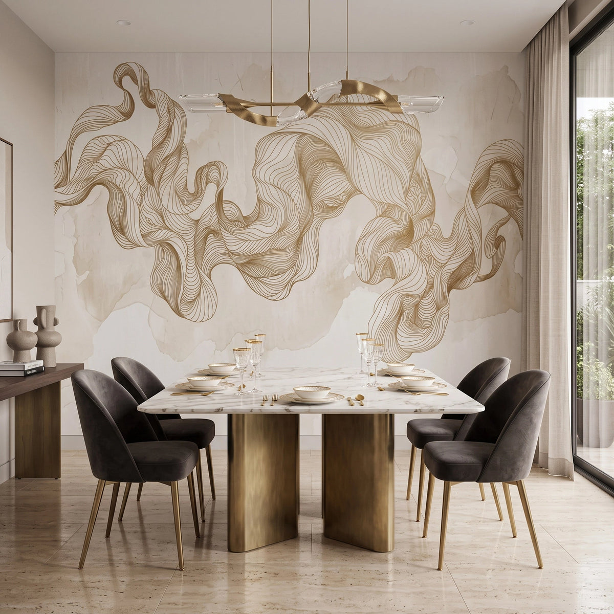 Golden Silk Waves Wallpaper Mural – Dining Room