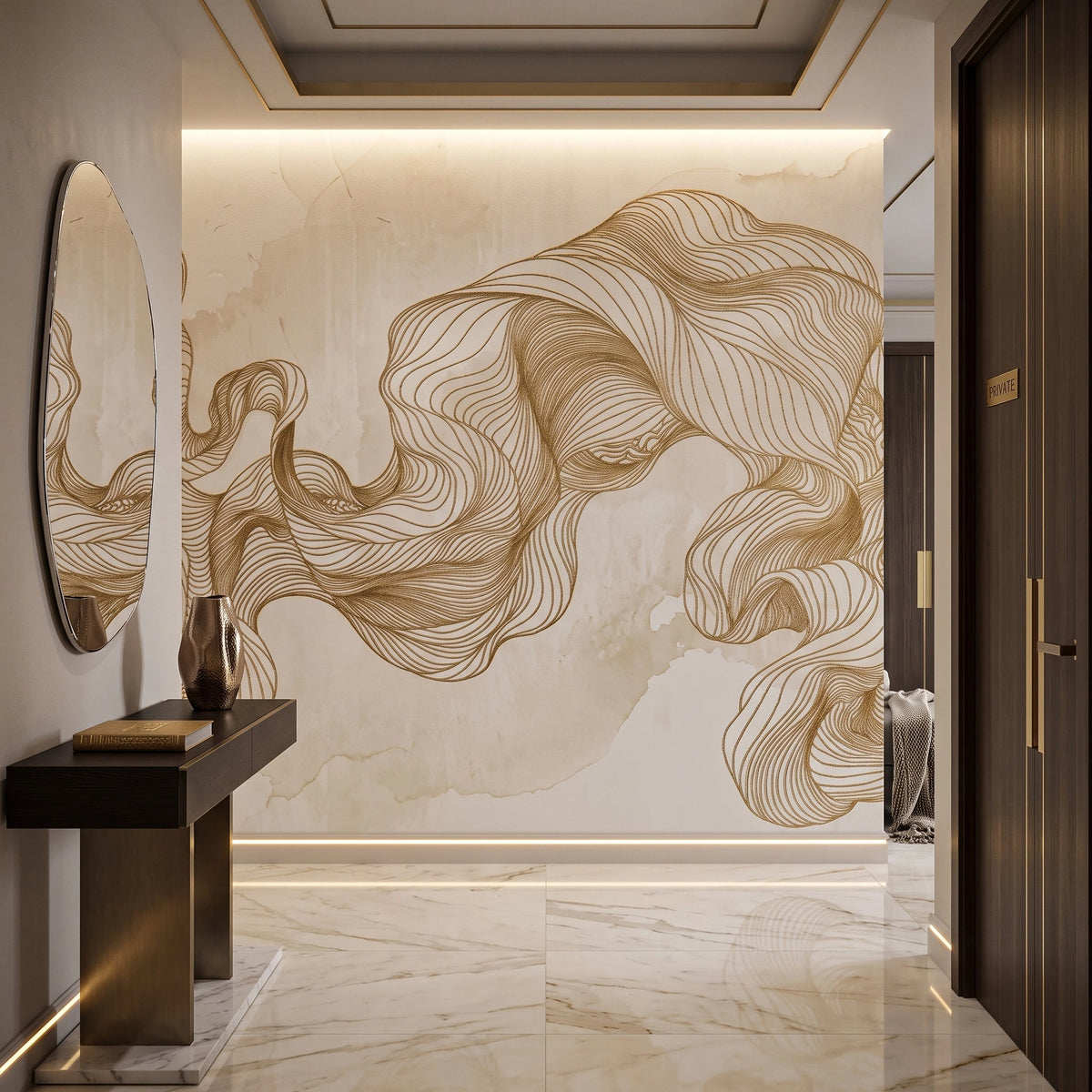 Golden Silk Waves Wallpaper Mural – Hallway