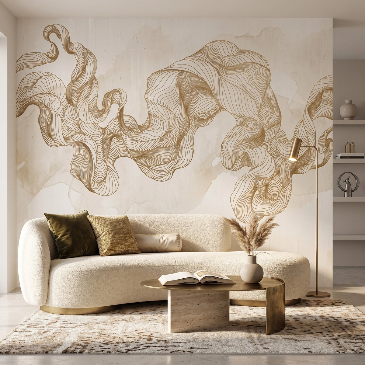 Golden Silk Waves Wallpaper Mural – Living Room