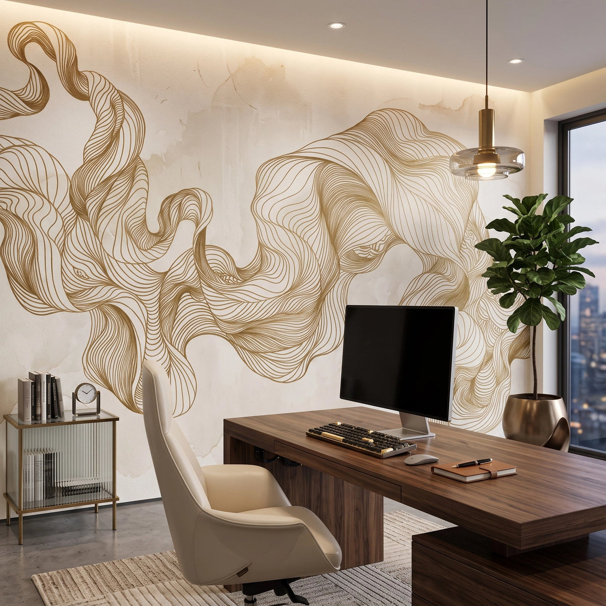 Golden Silk Waves Wallpaper Mural – Office