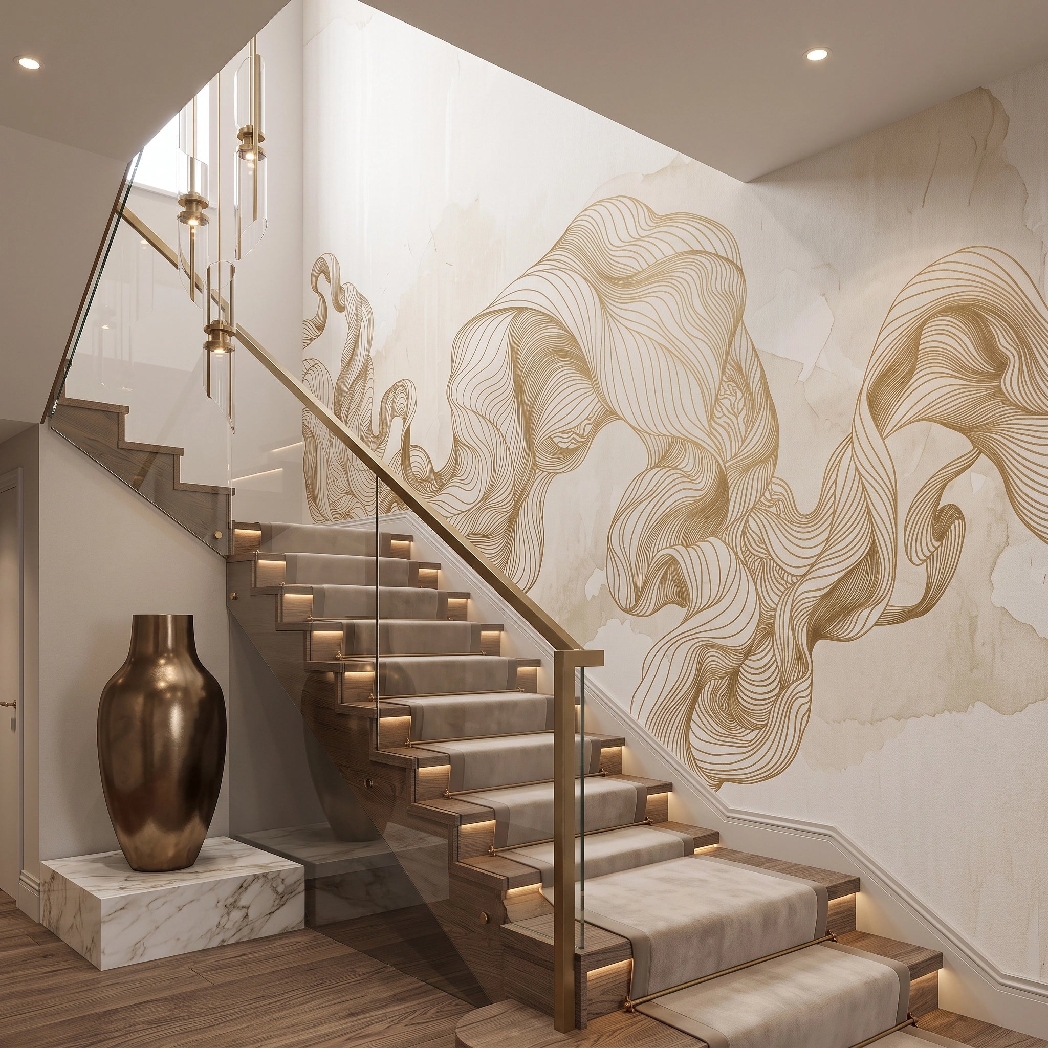 Golden Silk Waves Wallpaper Mural – Staircase