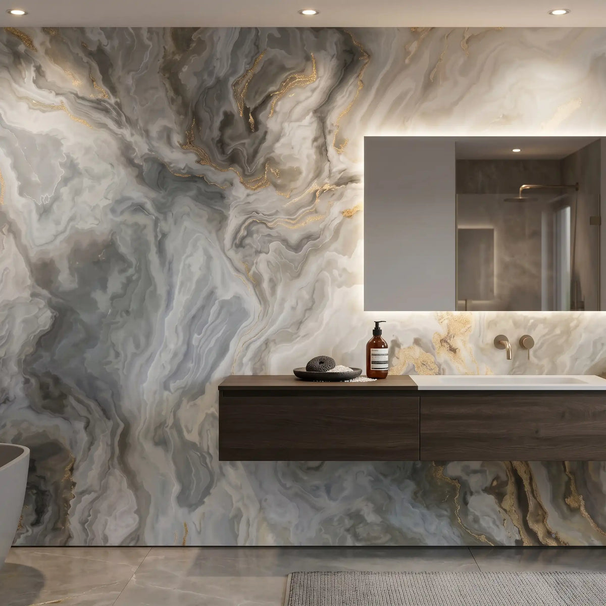 Grey Gold Fluid Marble Wallpaper Mural – Bathroom