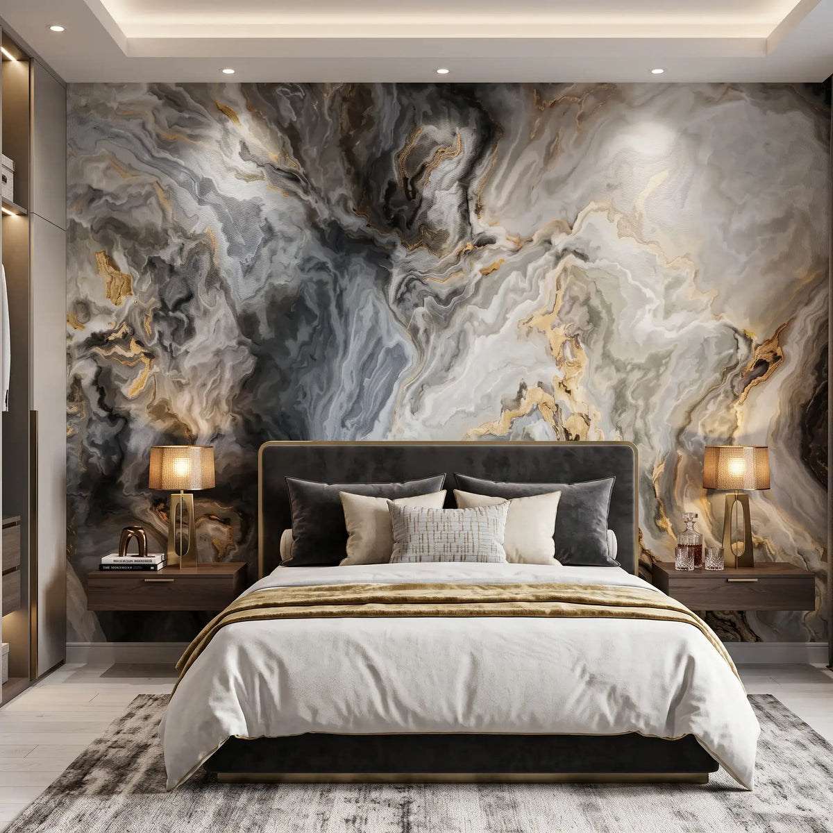Grey Gold Fluid Marble Wallpaper Mural – Bedroom
