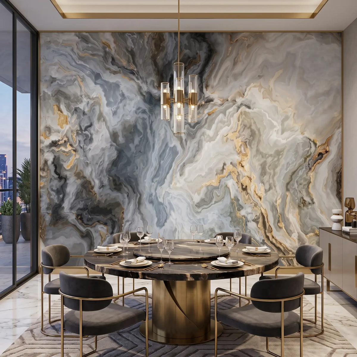 Grey Gold Fluid Marble Wallpaper Mural – Dining Room