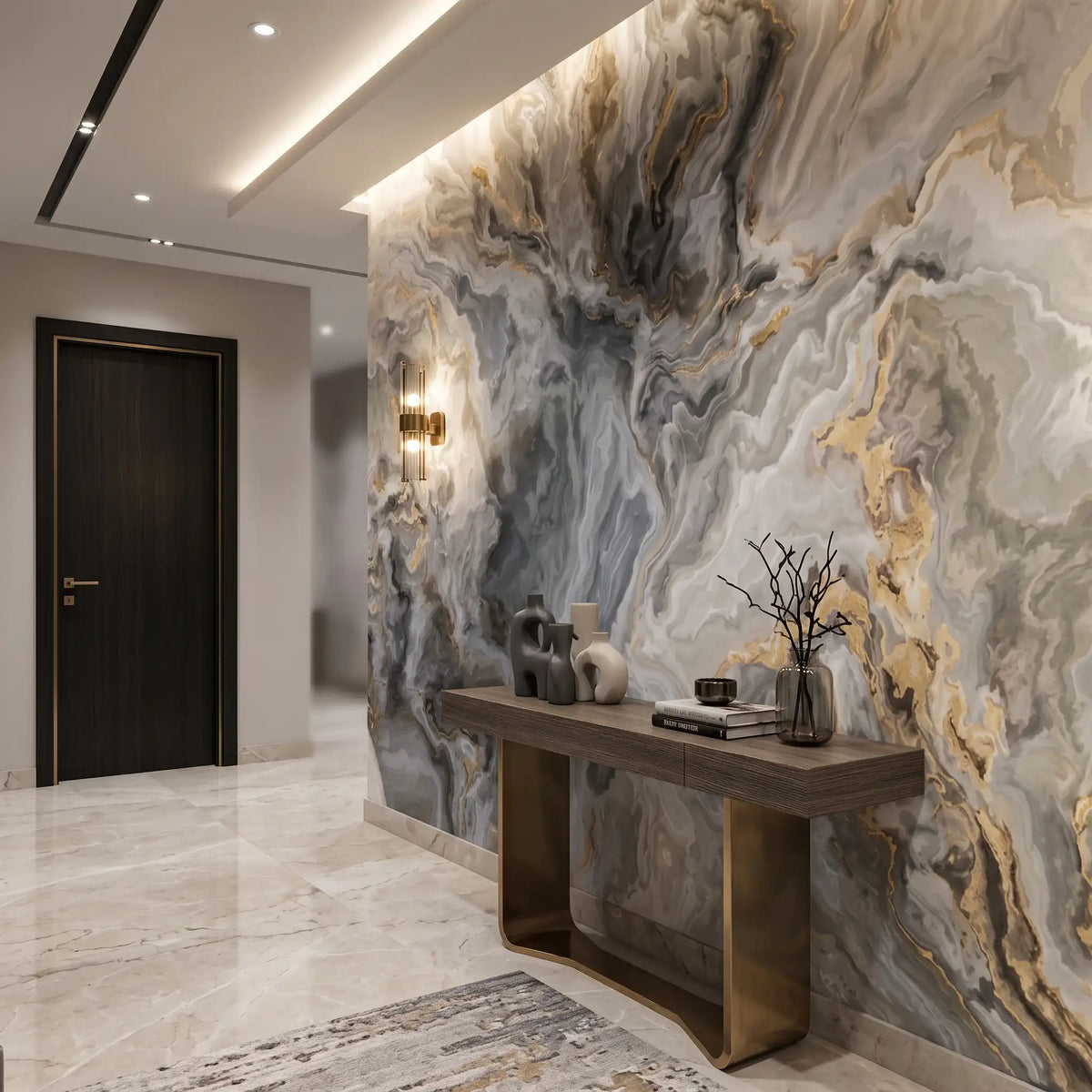 Grey Gold Fluid Marble Wallpaper Mural – Hallway
