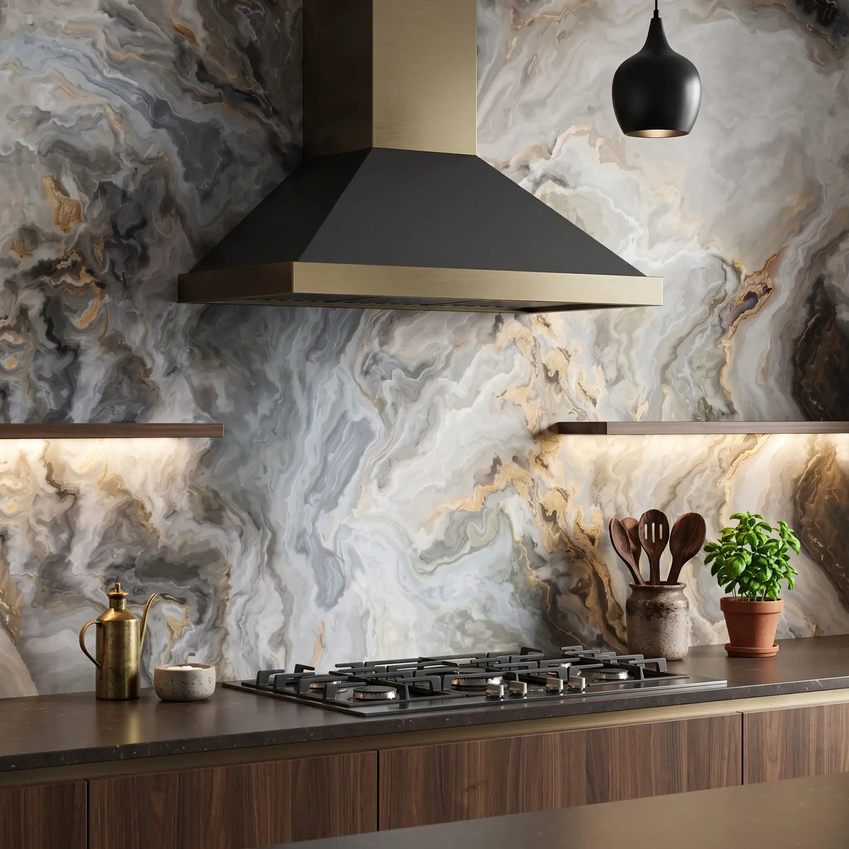 Grey Gold Fluid Marble Wallpaper Mural – Kitchen