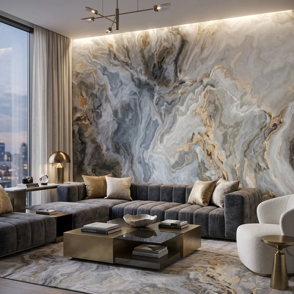Grey Gold Fluid Marble Wallpaper Mural – Living Room