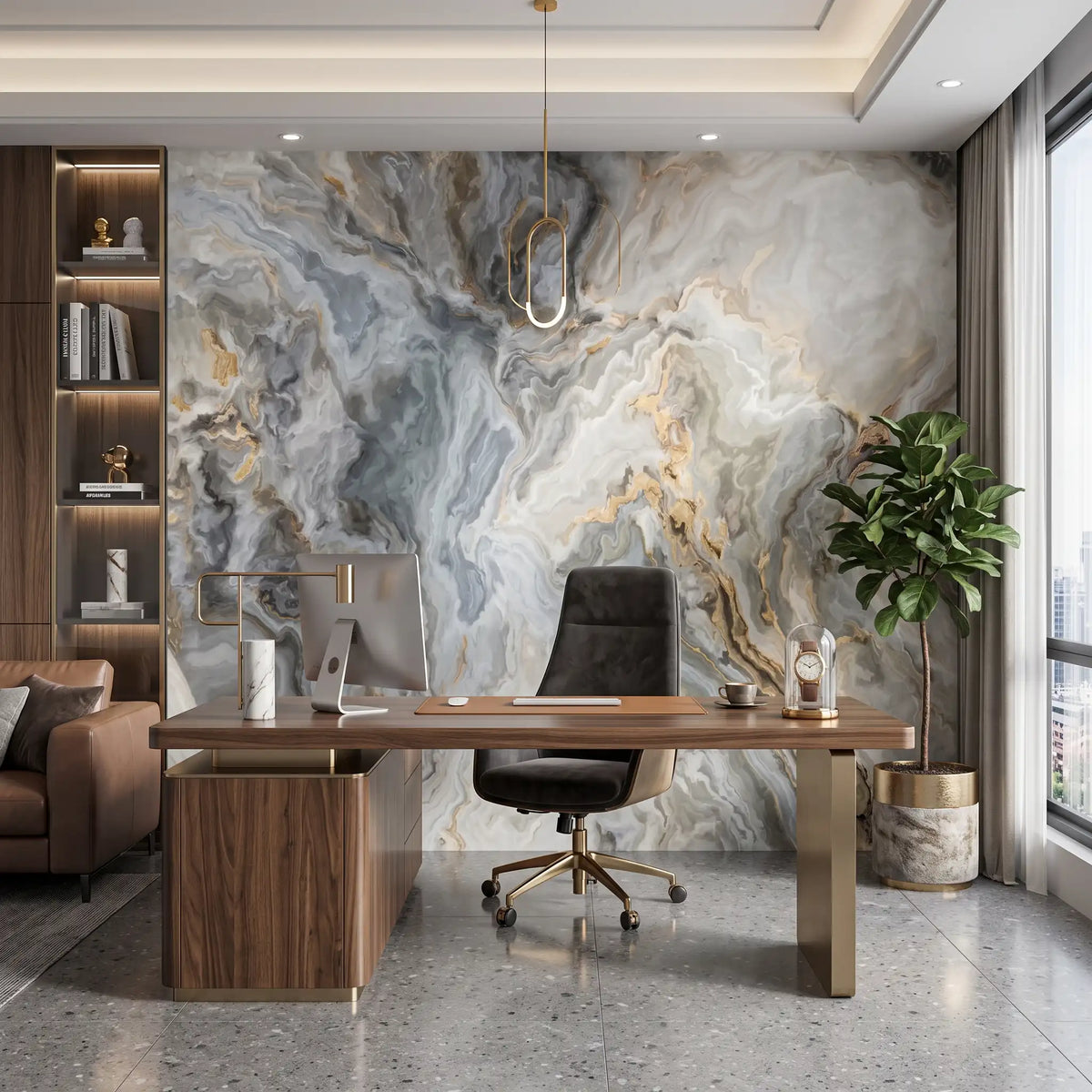 Grey Gold Fluid Marble Wallpaper Mural – Office