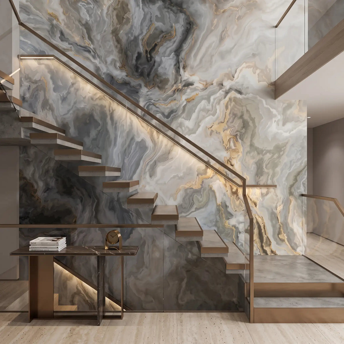 Grey Gold Fluid Marble Wallpaper Mural – Staircase