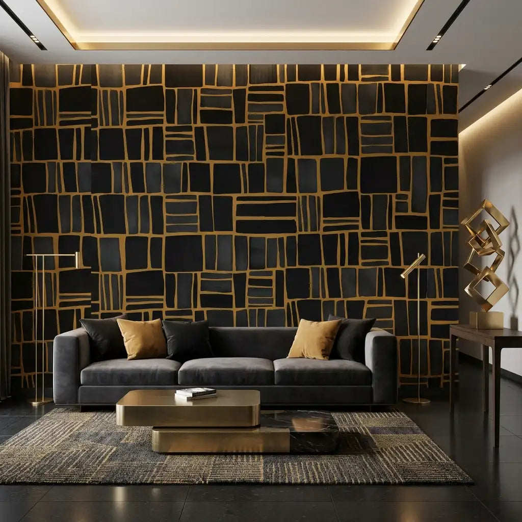 Hand-Drawn Brick Grid Wallpaper – Black Gold
