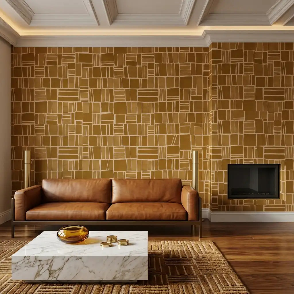 Hand-Drawn Brick Grid Wallpaper – Caramel Amber