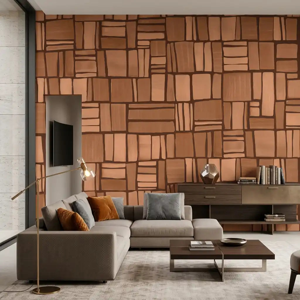Hand-Drawn Brick Grid Wallpaper – Copper Rust