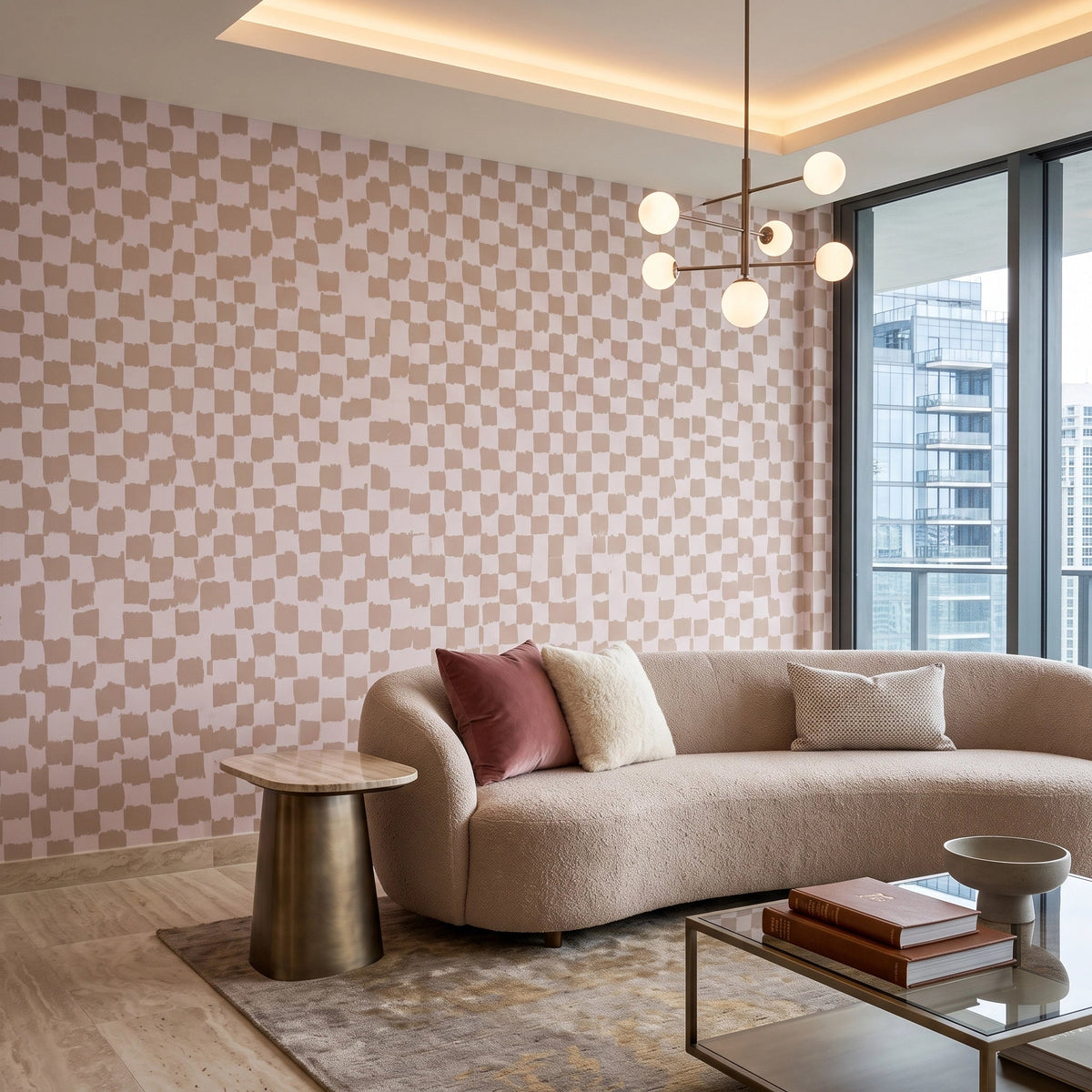 Hand-Painted Check Wallpaper – Blush Sand