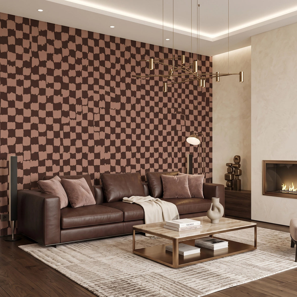 Hand-Painted Check Wallpaper – Cocoa Clay