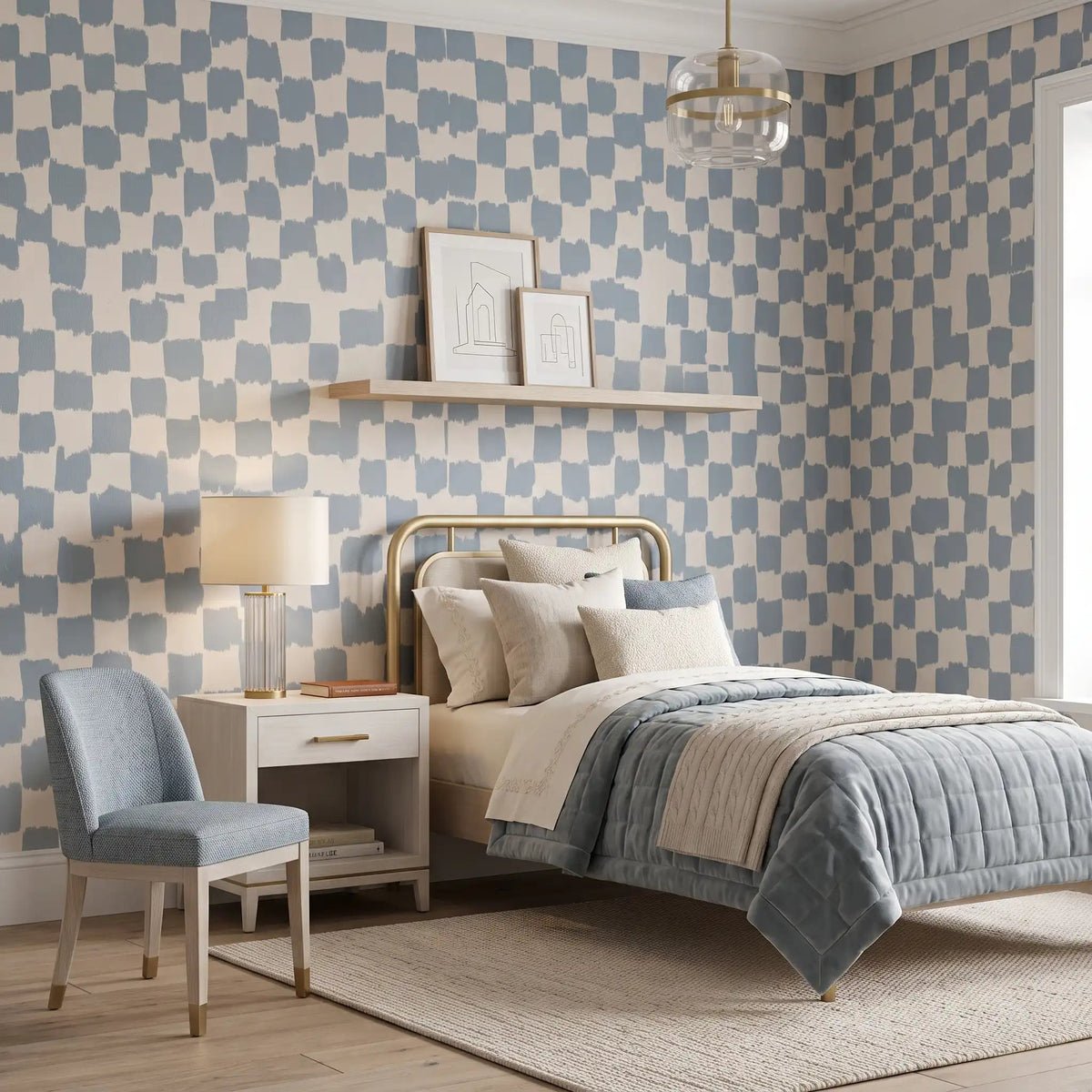 Hand-Painted Check Wallpaper – Misty Blue