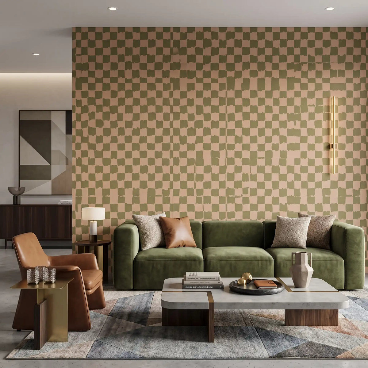 Hand-Painted Check Wallpaper – Olive Caramel