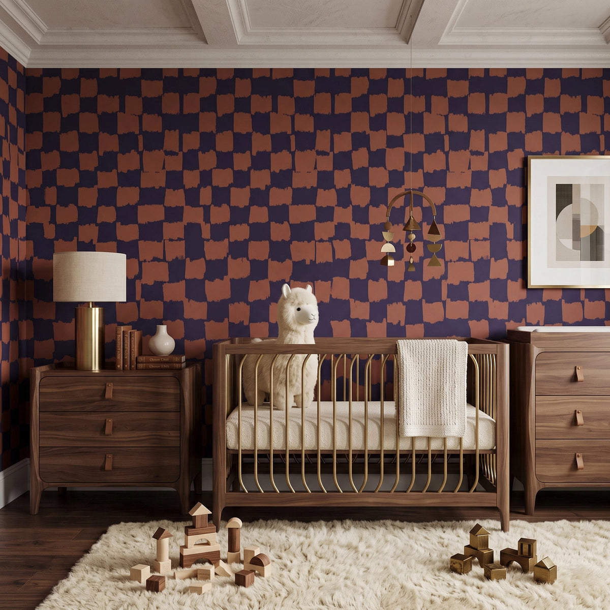 Hand-Painted Check Wallpaper – Terracotta Midnight