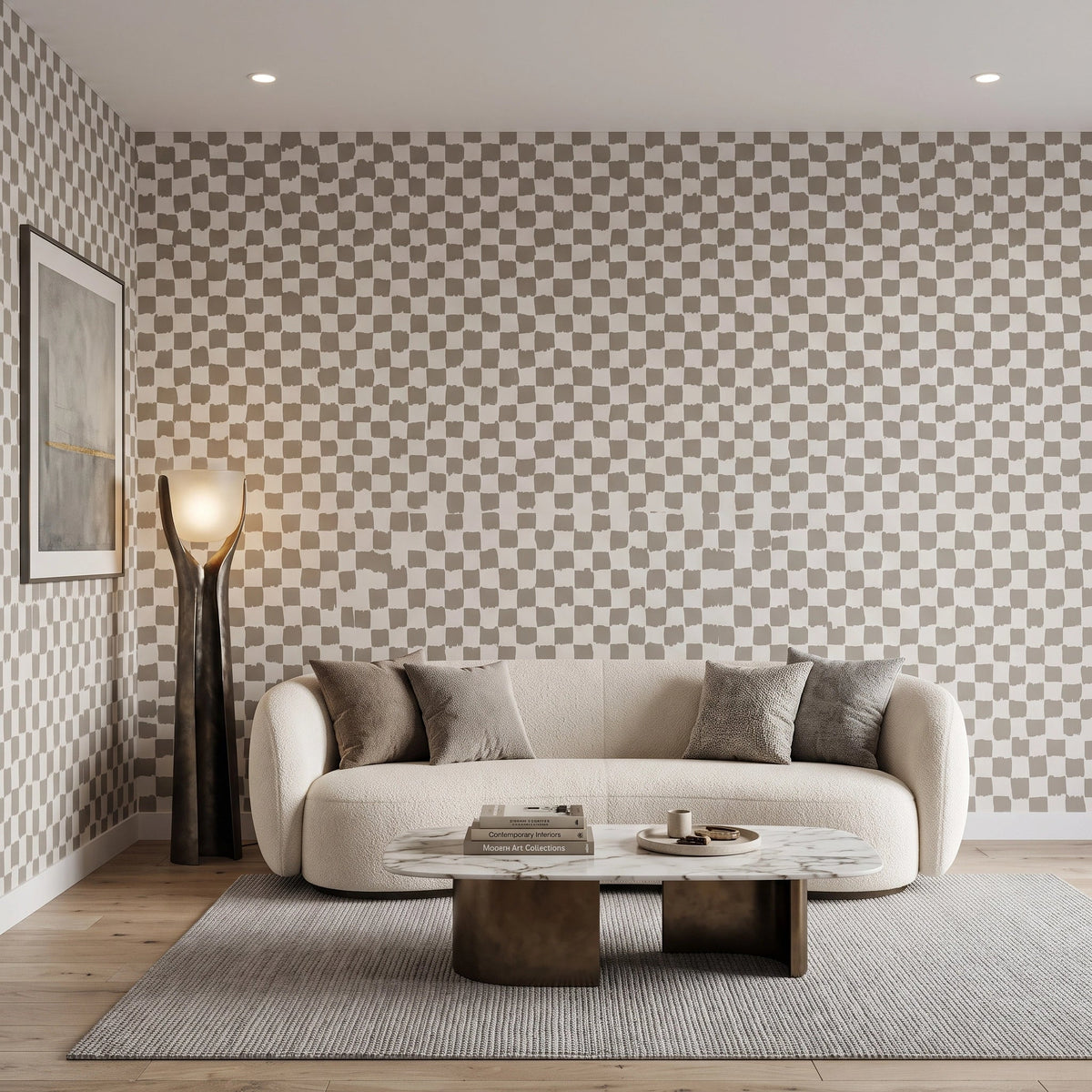 Hand-Painted Check Wallpaper – Warm Stone