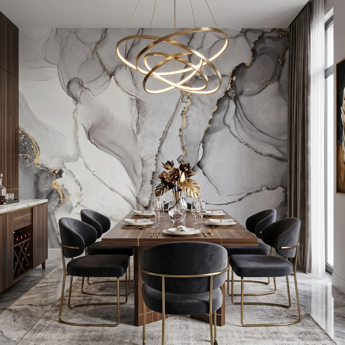 Ink Vein Marble Wallpaper Mural – Dining Room