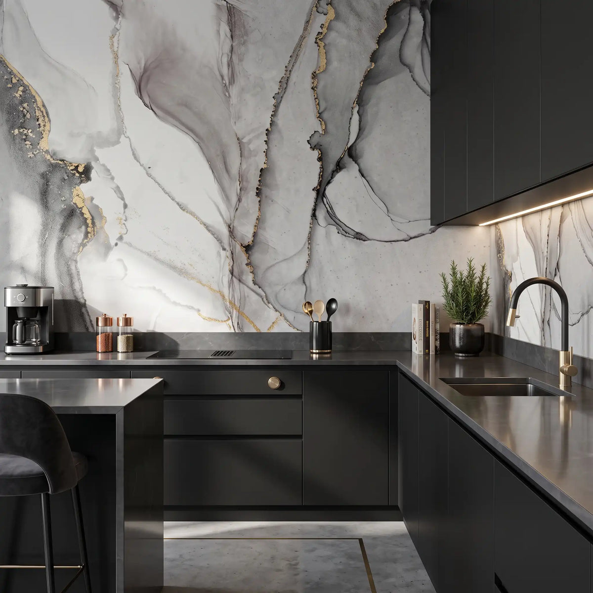 Ink Vein Marble Wallpaper Mural – Kitchen