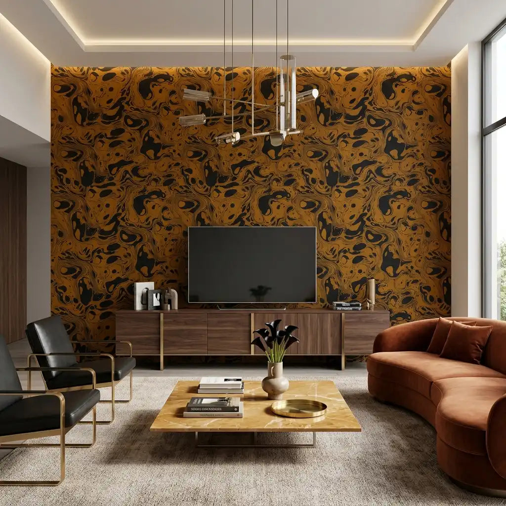 Marbled Ink Swirl Wallpaper – Black Amber