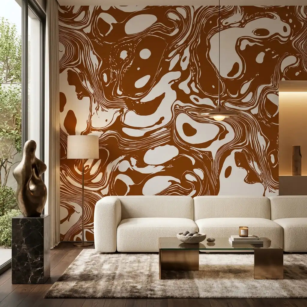 Marbled Ink Swirl Wallpaper – Rust Ivory