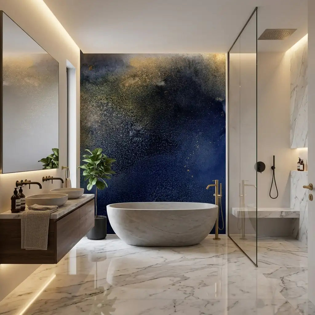 Midnight Blue Gold Nebula Wallpaper Mural – Bathroom