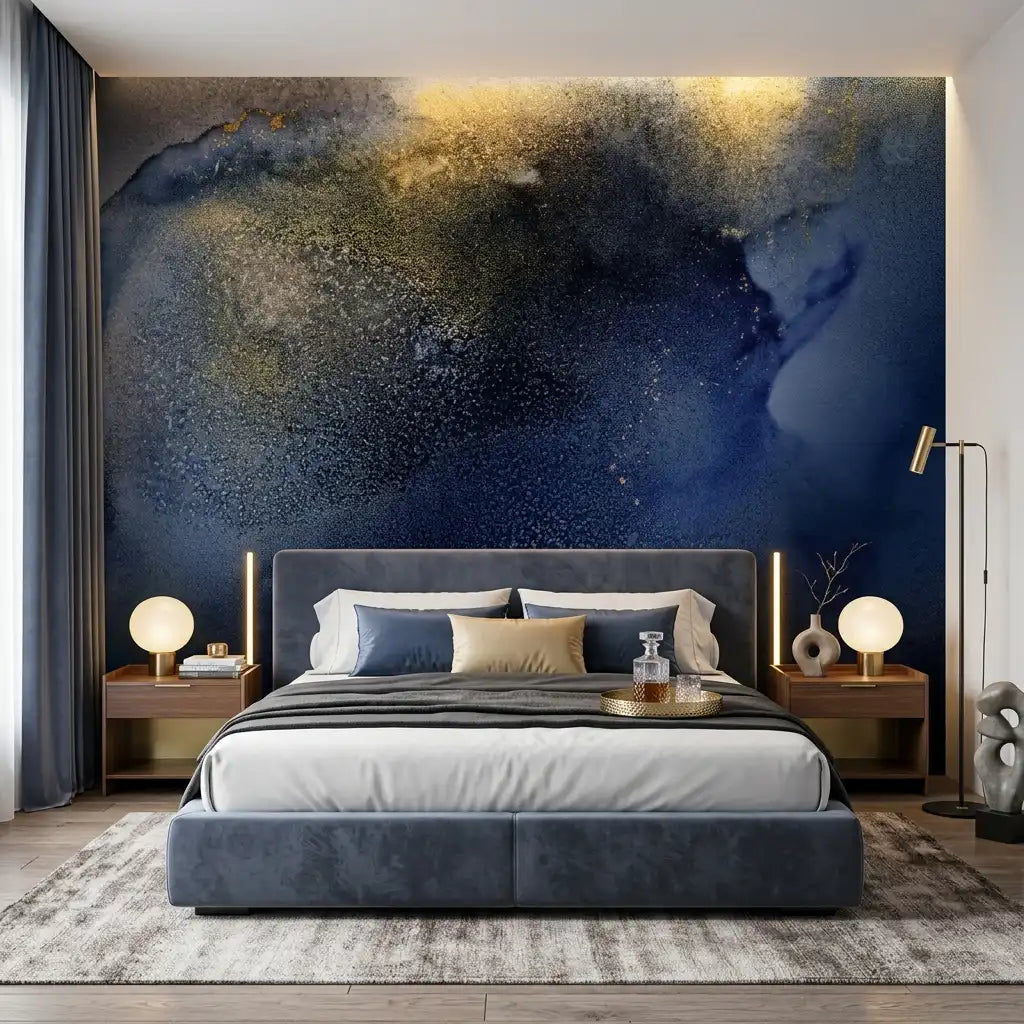 Midnight Blue Gold Nebula Wallpaper Mural – Bedroom