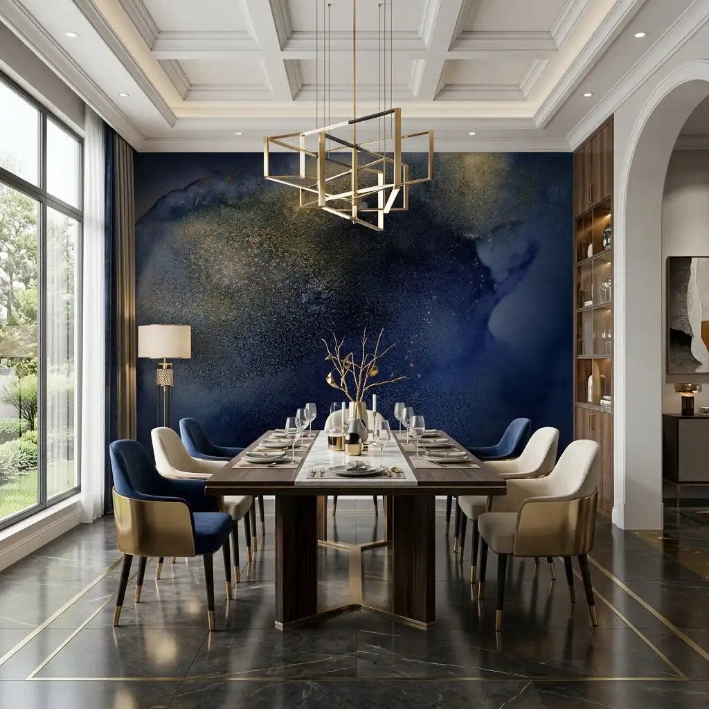 Midnight Blue Gold Nebula Wallpaper Mural – Dining Room