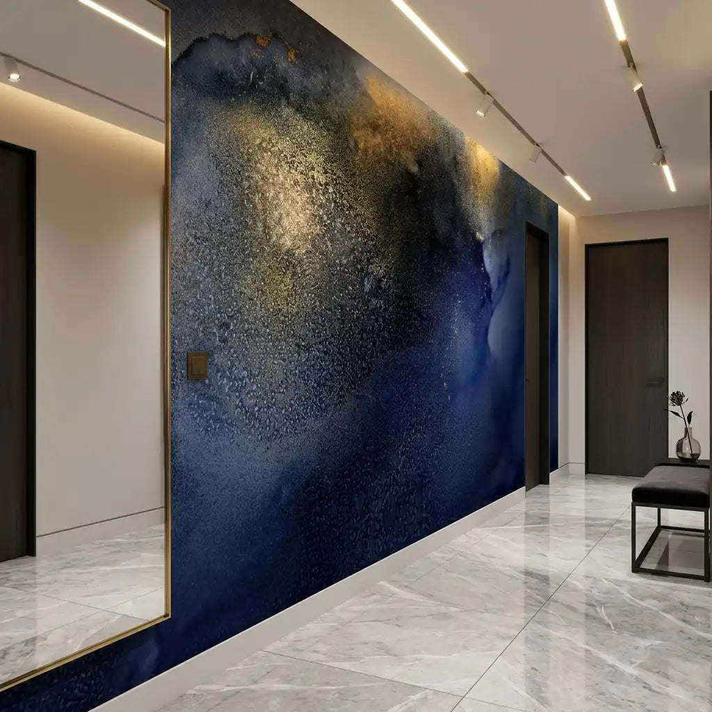 Midnight Blue Gold Nebula Wallpaper Mural – Hallway