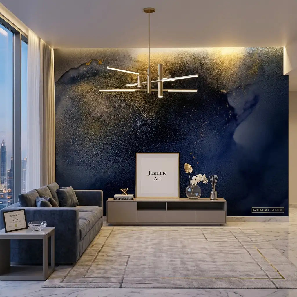 Midnight Blue Gold Nebula Wallpaper Mural – Living Room