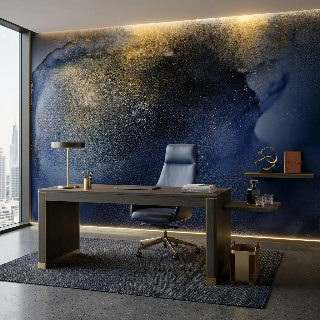 Midnight Blue Gold Nebula Wallpaper Mural – Office
