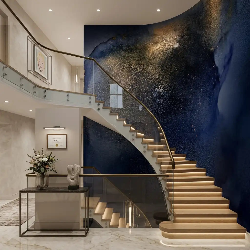 Midnight Blue Gold Nebula Wallpaper Mural – Staircase