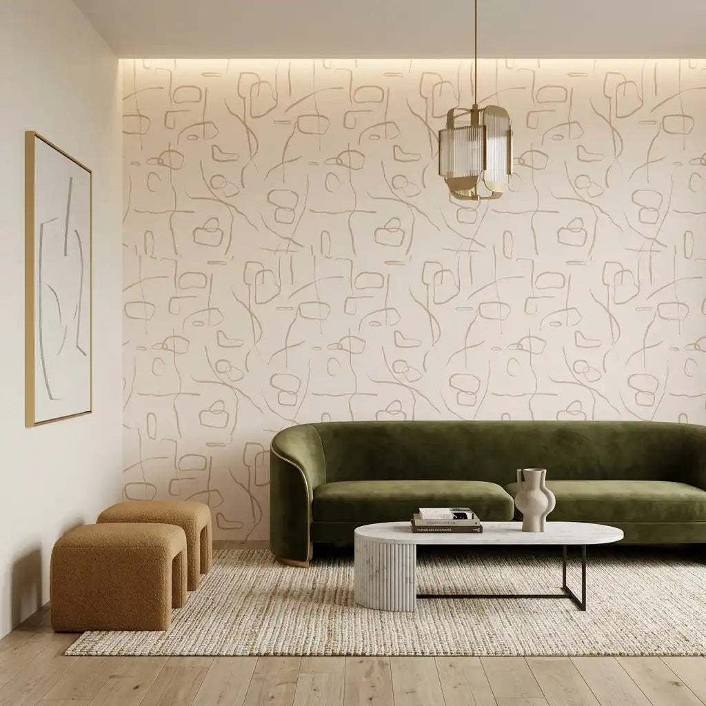 Minimal Squiggle Line Wallpaper – Blush Cream room
