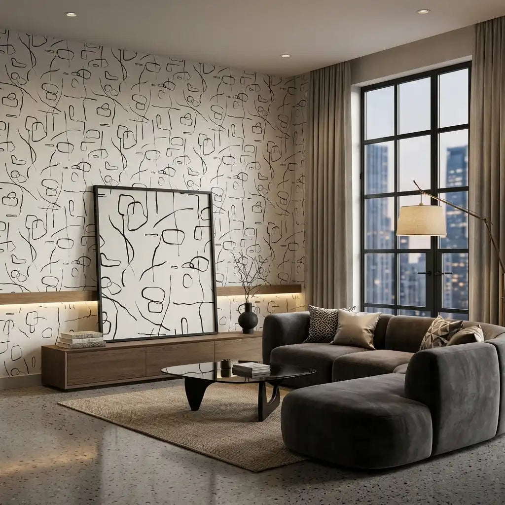 Minimal Squiggle Line Wallpaper – Ink on Ash room