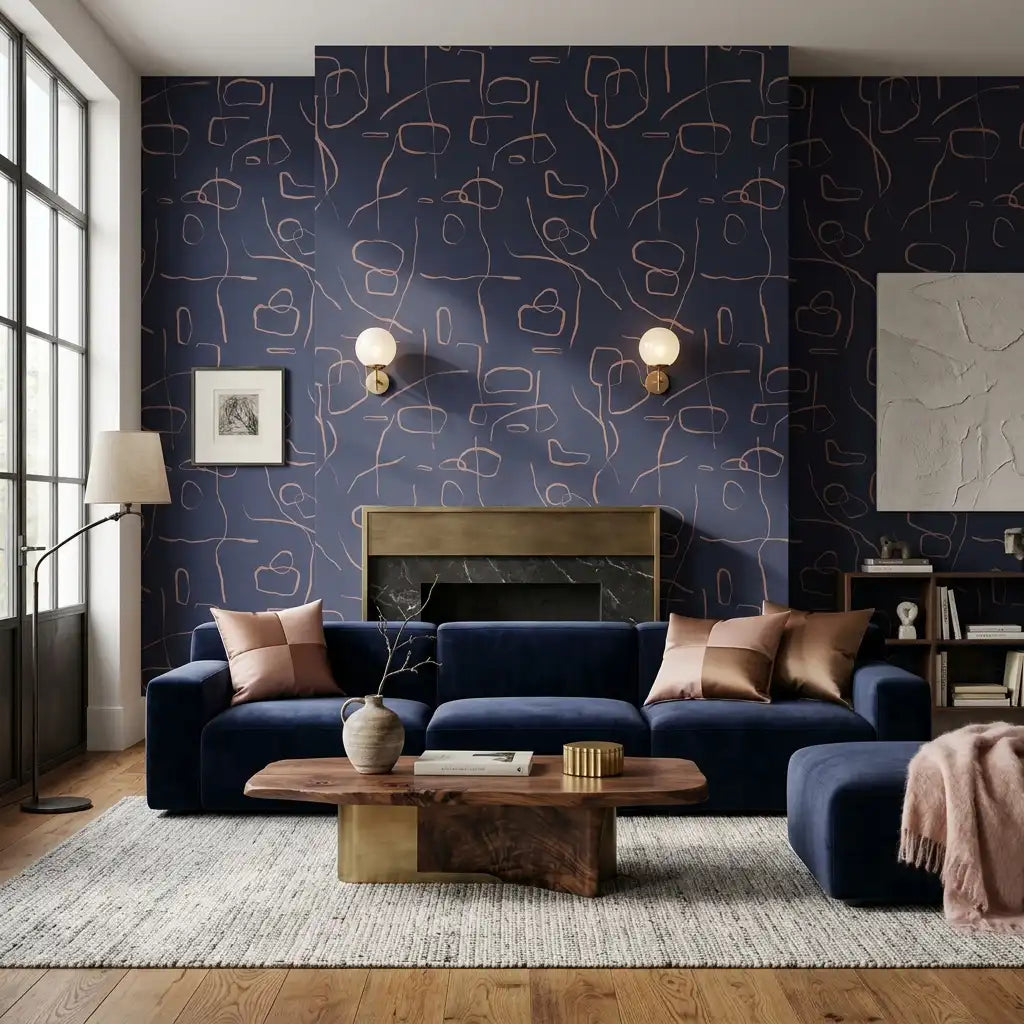 Minimal Squiggle Line Wallpaper – Midnight Rose room