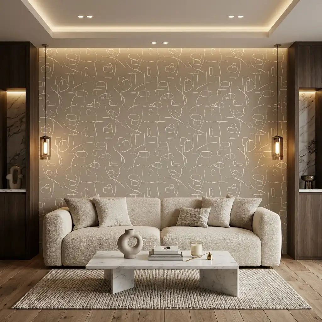 Minimal Squiggle Line Wallpaper – Mushroom Taupe room