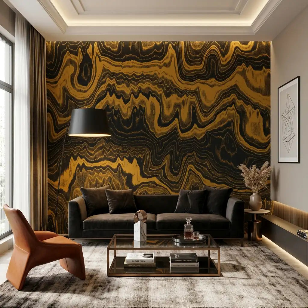 Molten Wave Stripe Wallpaper – Amber Night room