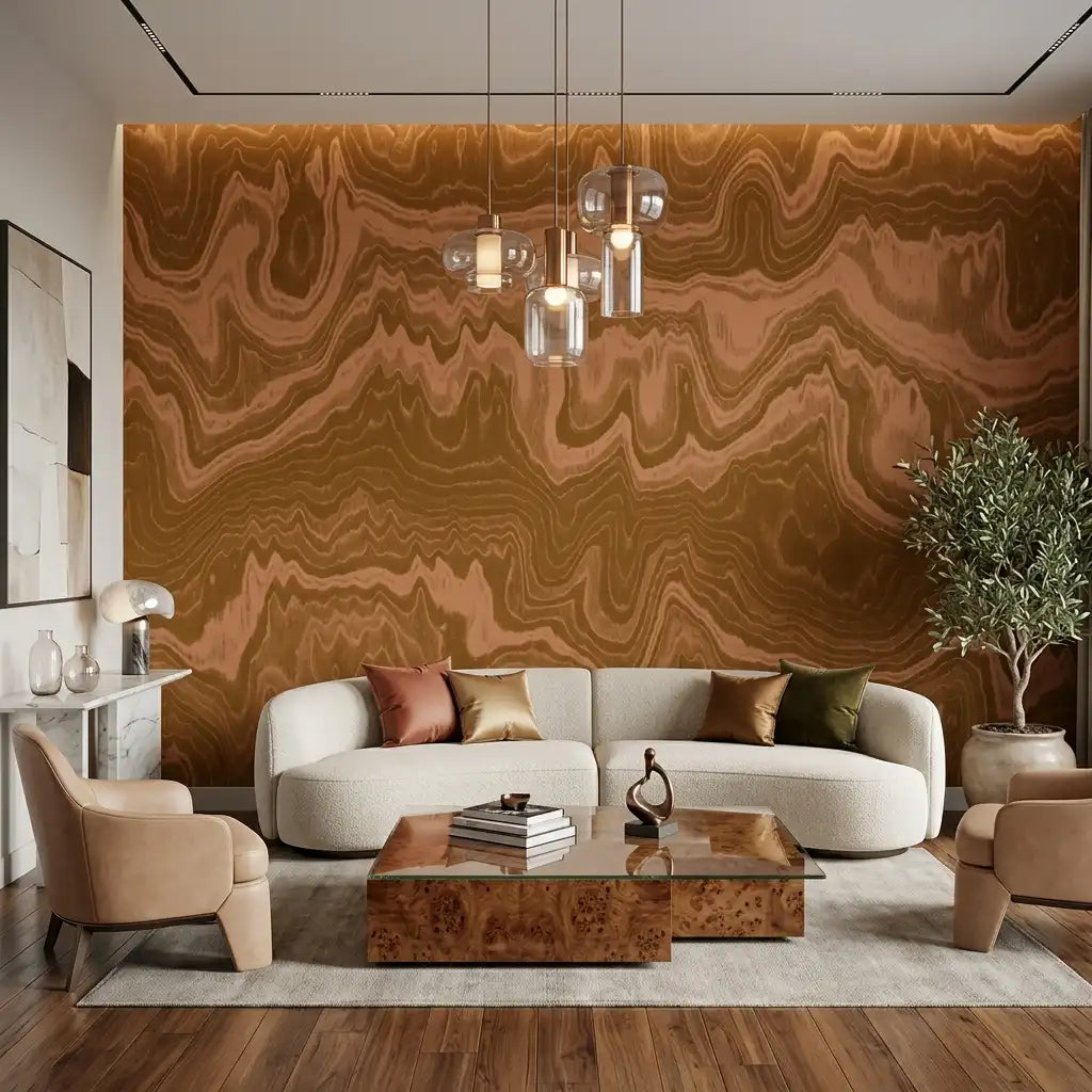 Molten Wave Stripe Wallpaper – Caramel Salmon room