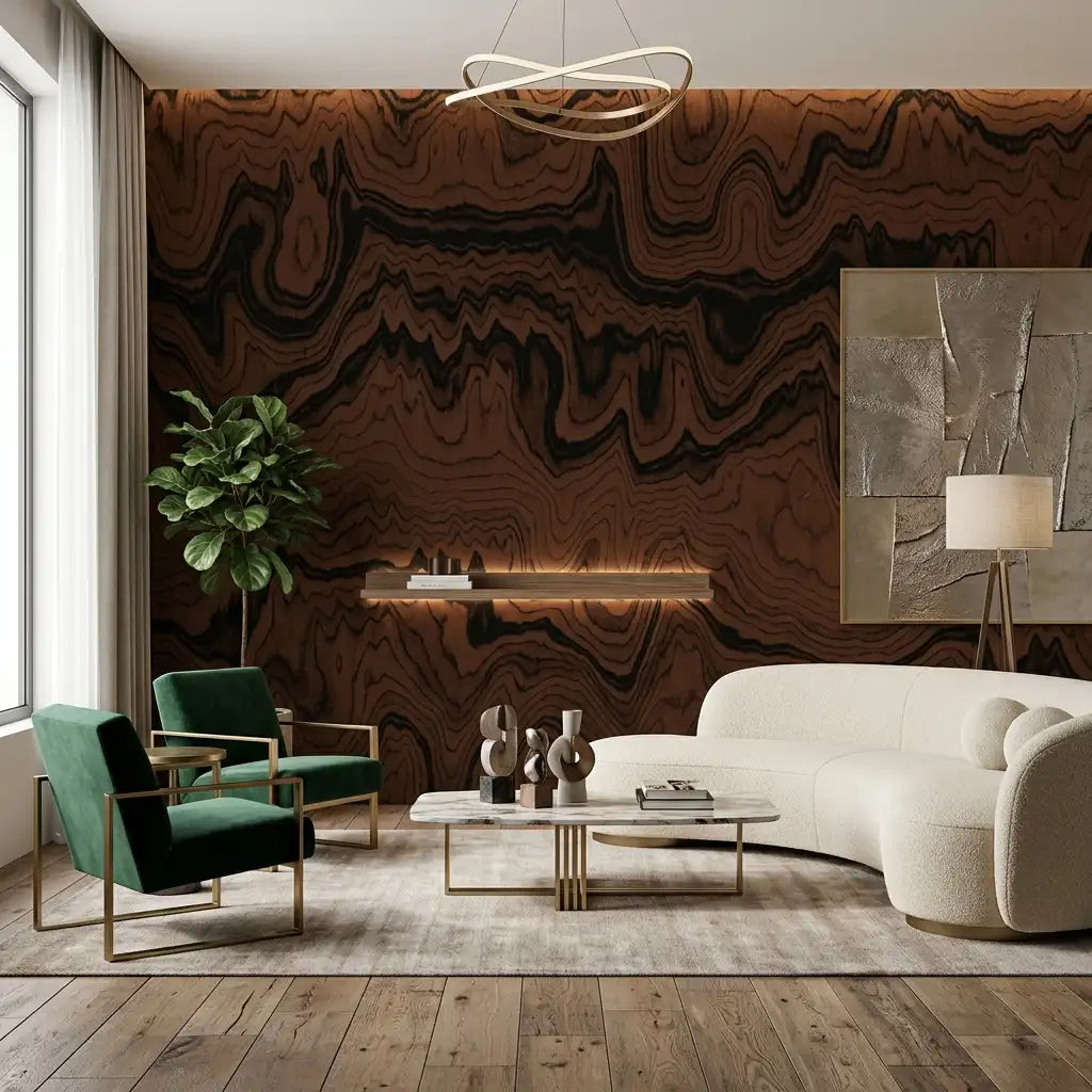 Molten Wave Stripe Wallpaper – Dark Chestnut room