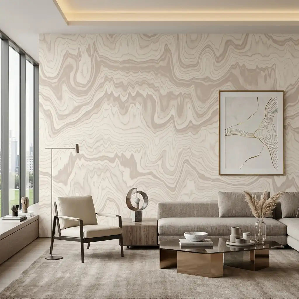 Molten Wave Stripe Wallpaper – Pale Mauve room