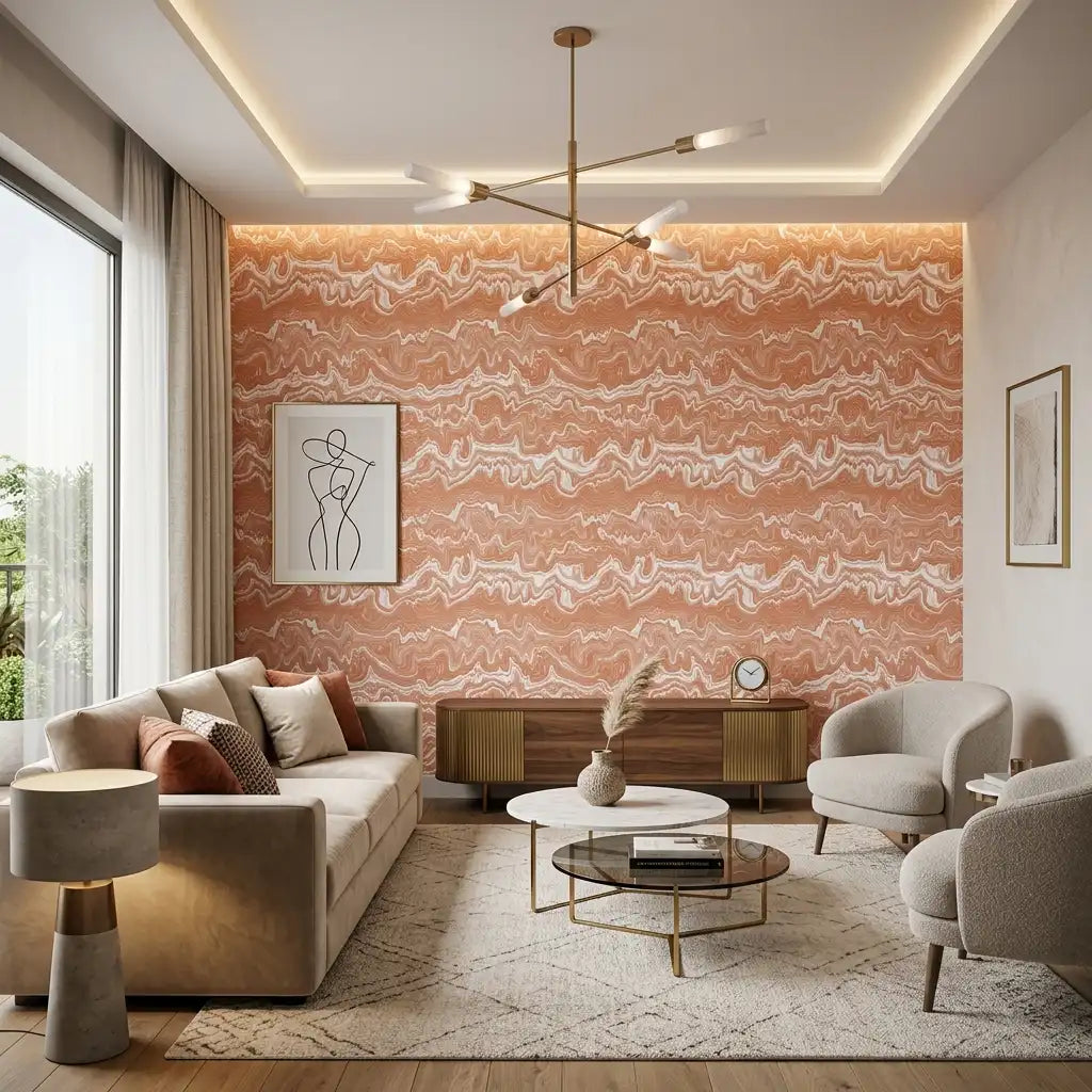 Molten Wave Stripe Wallpaper – Peach Frost room
